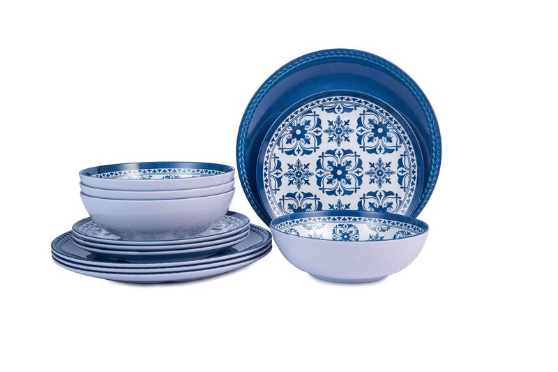 Webbylee Melamine Dinnerware Set -12pcs Outdoor and Indoor Plates and Bowls Set ,Service for 4, Dishwasher Safe, Blue Flower - Image 1